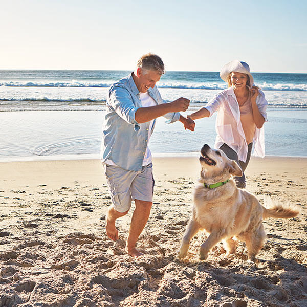 mature couple playing at the beach with their dog